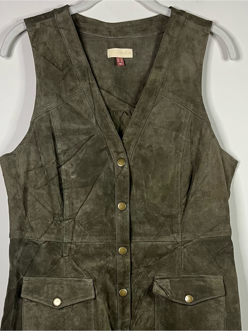 Pilcro Anthropologie Olive Green 100% Suede Leather Sleeveless Mini Dress Size 8 - Picture 5 of 13